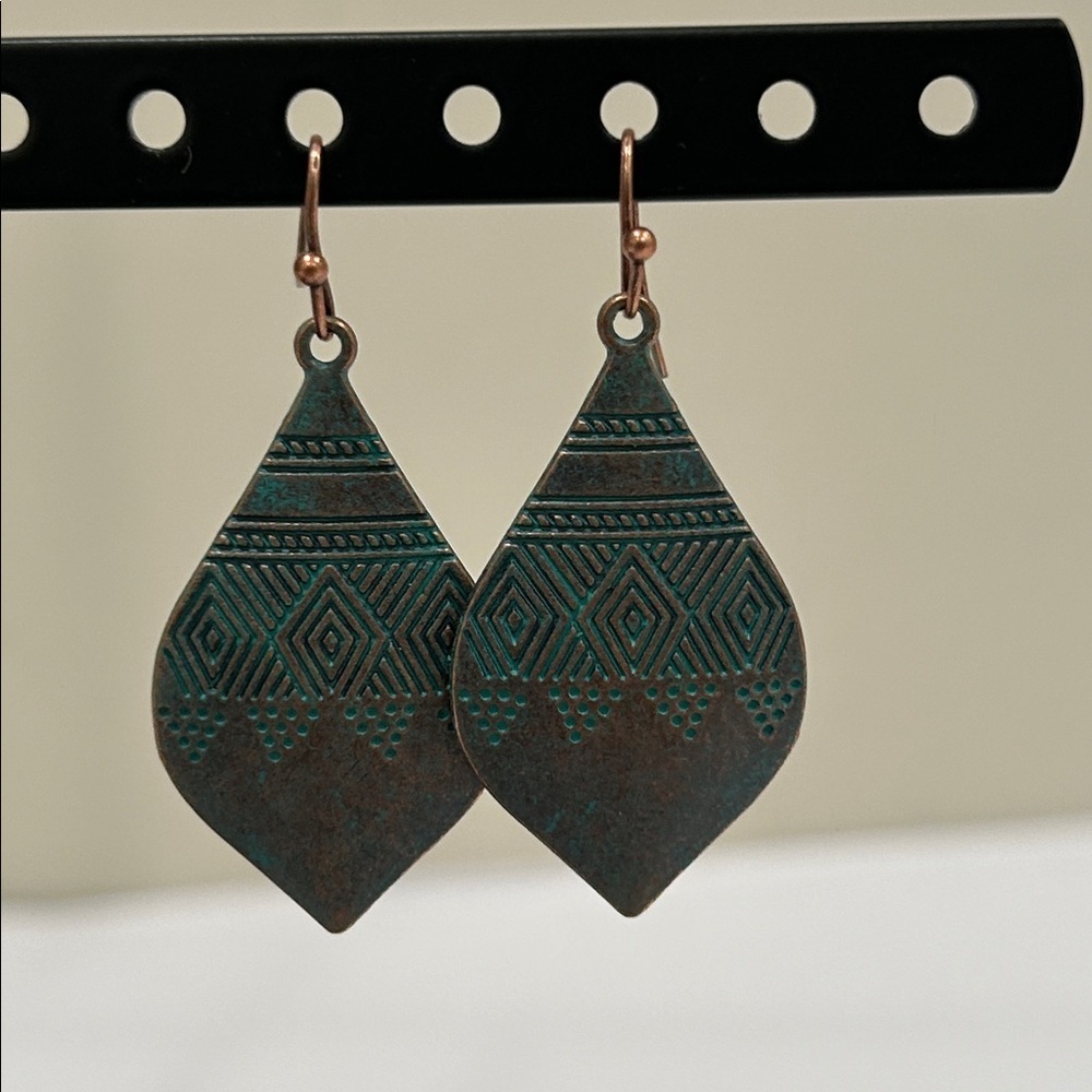 Geometric Patterned Earrings in Turquoise and Bronze